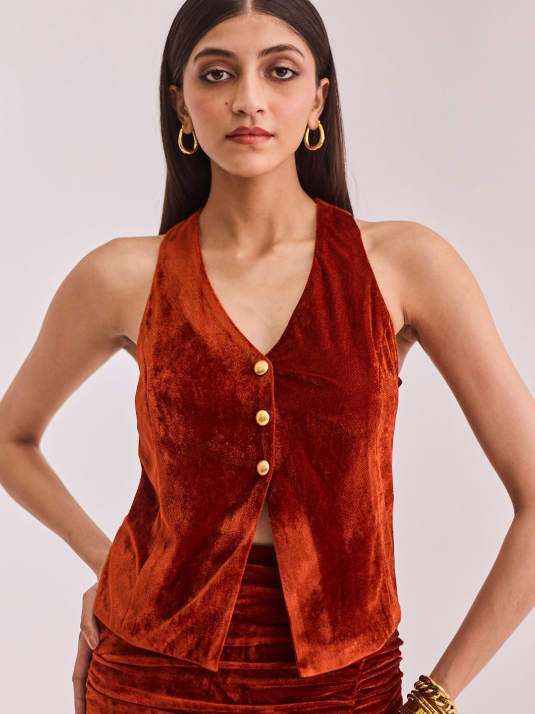 Urban Suburban Women V-Neck Rust Velvel Top