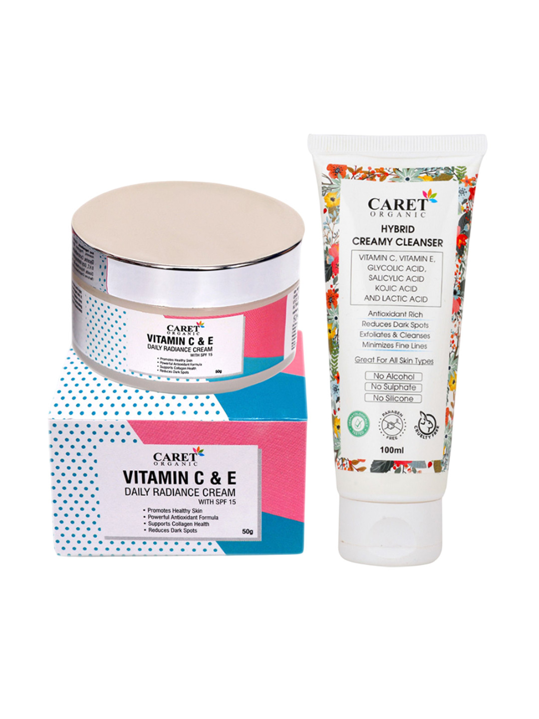CARET ORGANIC Set Of 2 Vitamin E Radiance Cream - 50 g &  Hybrid Creamy Cleanser - 100 g