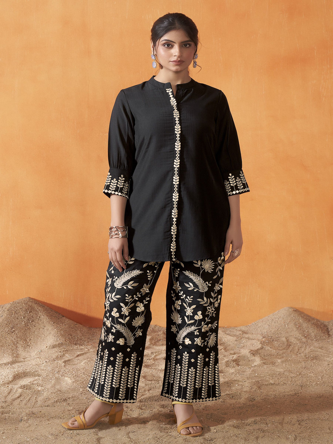 Anouk Black Floral Embroidered Mandarin Collar Top And Trouser