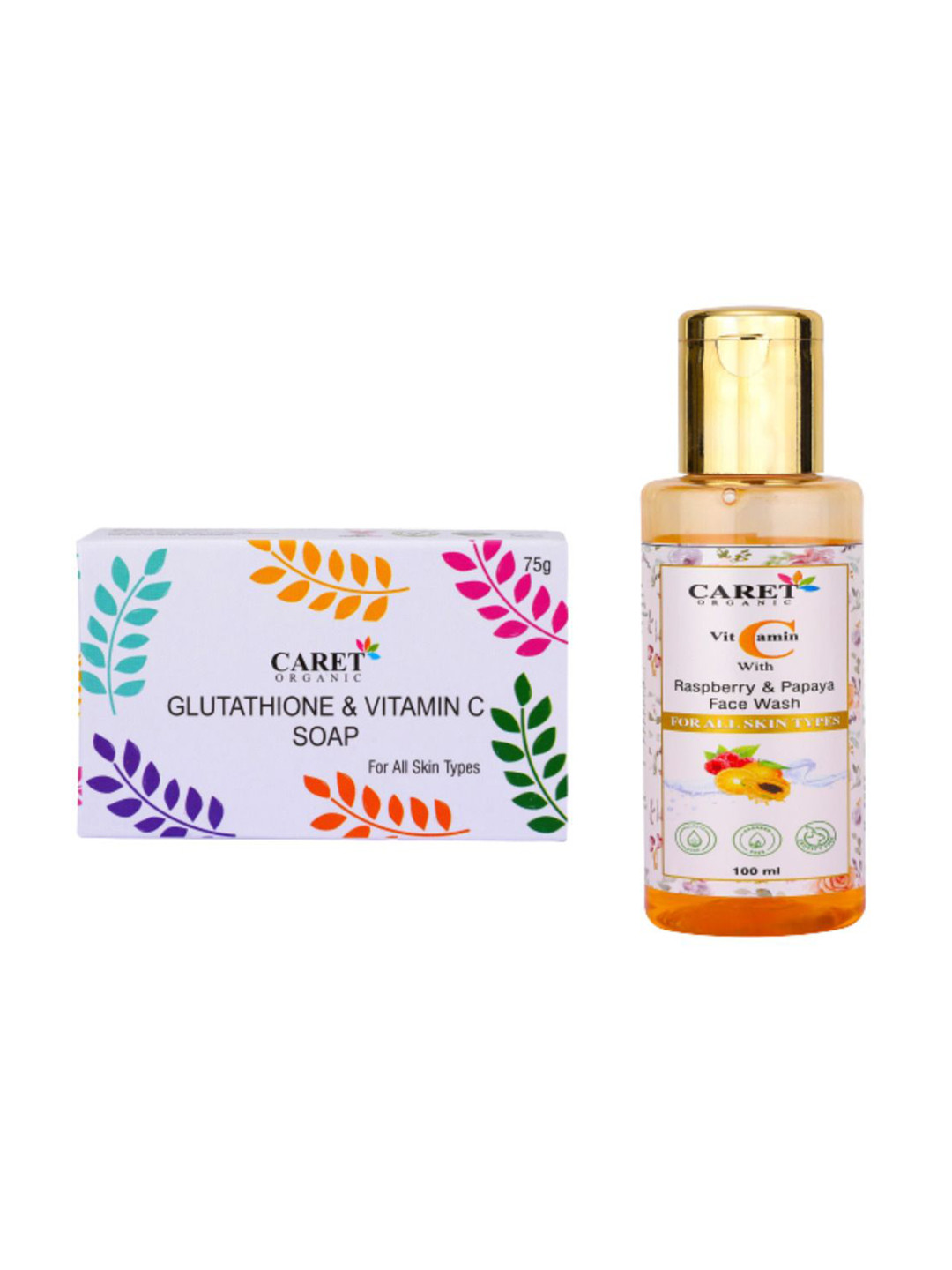 CARET ORGANIC Set Of 2 Vitamin C Raspberry Face Wash - 100 g & Glutathione Soap - 75 g