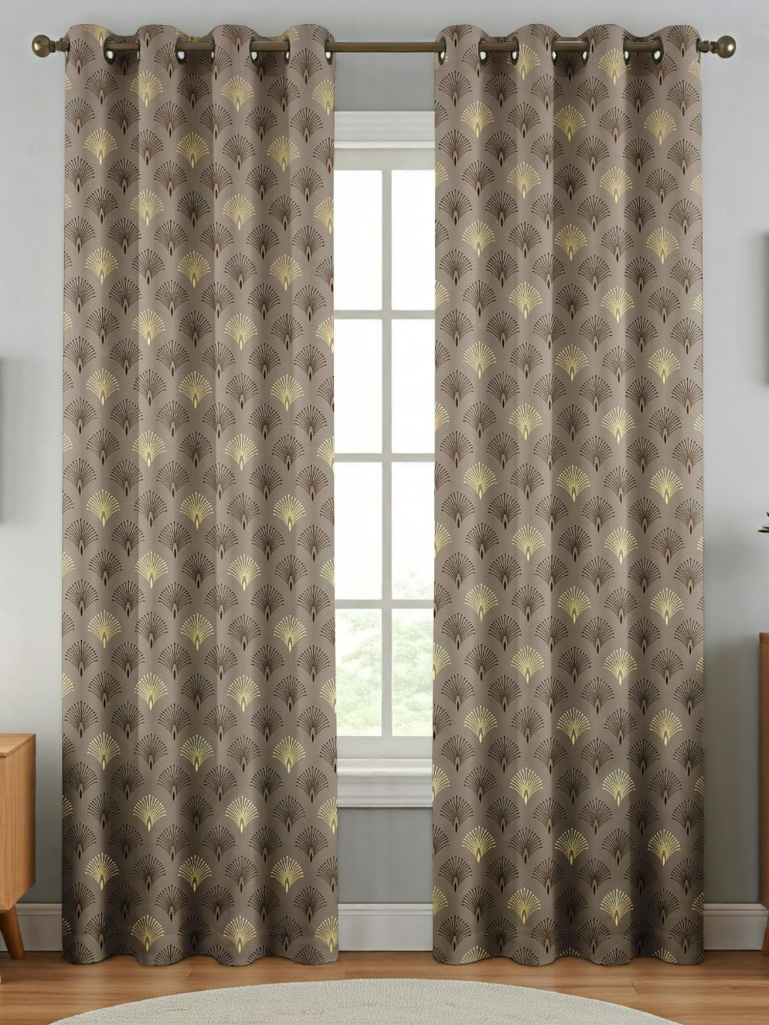 Florida Brown & Gold Toned Floral Printed Black Out Long Door Curtain