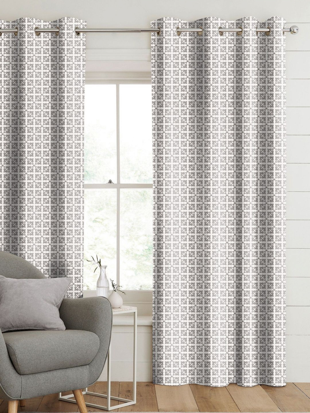 CASABLEU Anthem Doha Grey 2 Pieces Geometric Printed Room Darkening Long Door Curtains