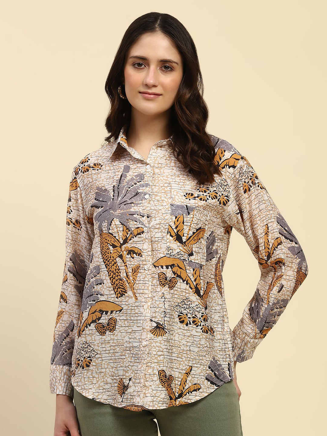 Global Republic Women Classic Fit  Spread Collar Floral Printed Poly Silk Casual Shirt