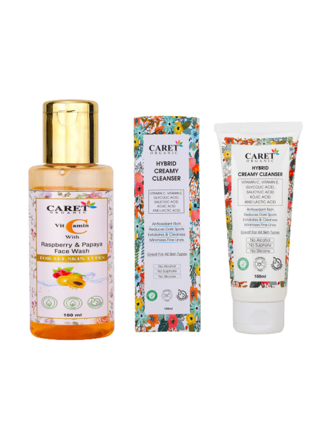 CARET ORGANIC Set Of 2 Vitamin C With Raspberry Papaya Face Wash & Hybrid Creamy Cleanser