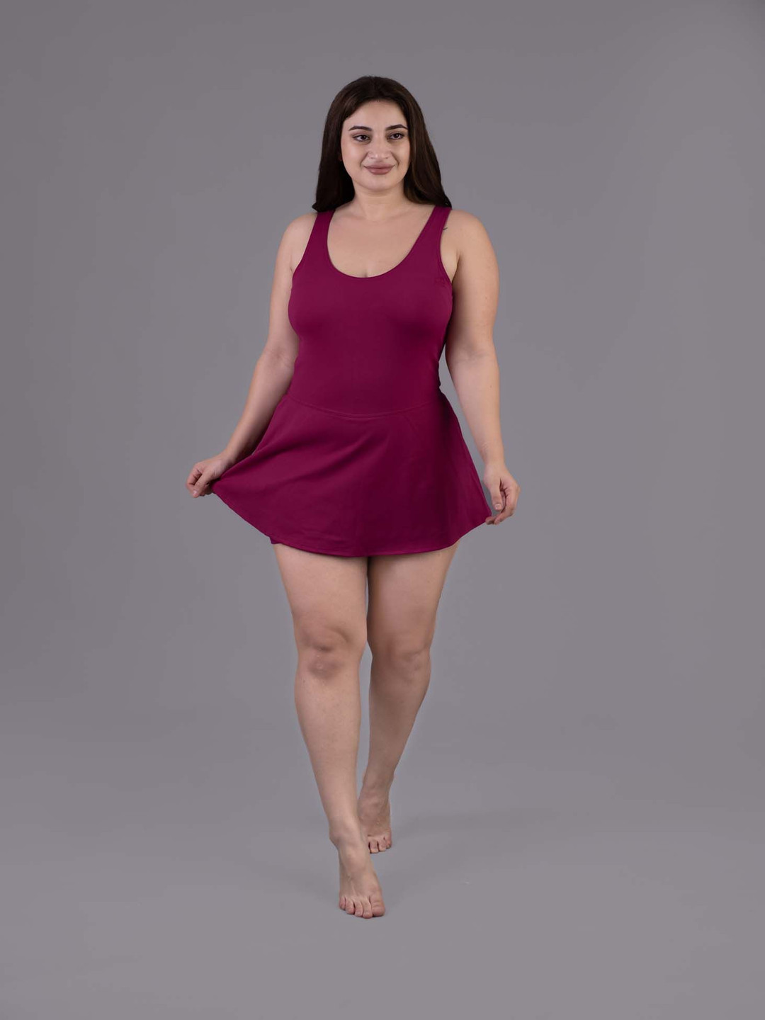 Keepfit Women Plus Size Solid Padded Swim Dress With Attached Boy Short