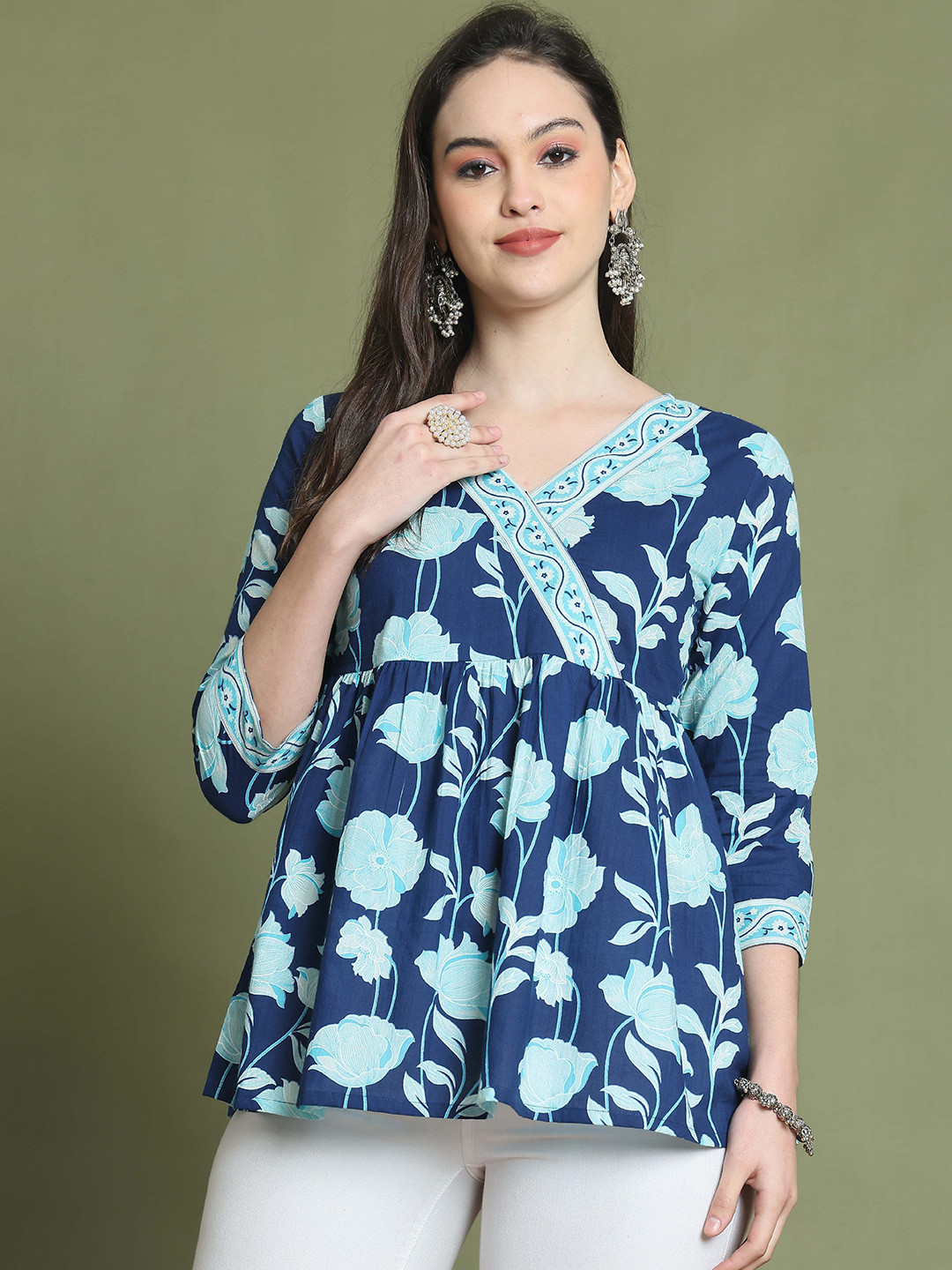 Roly Poly Women Floral Printed V-Neck Cotton Peplum Top