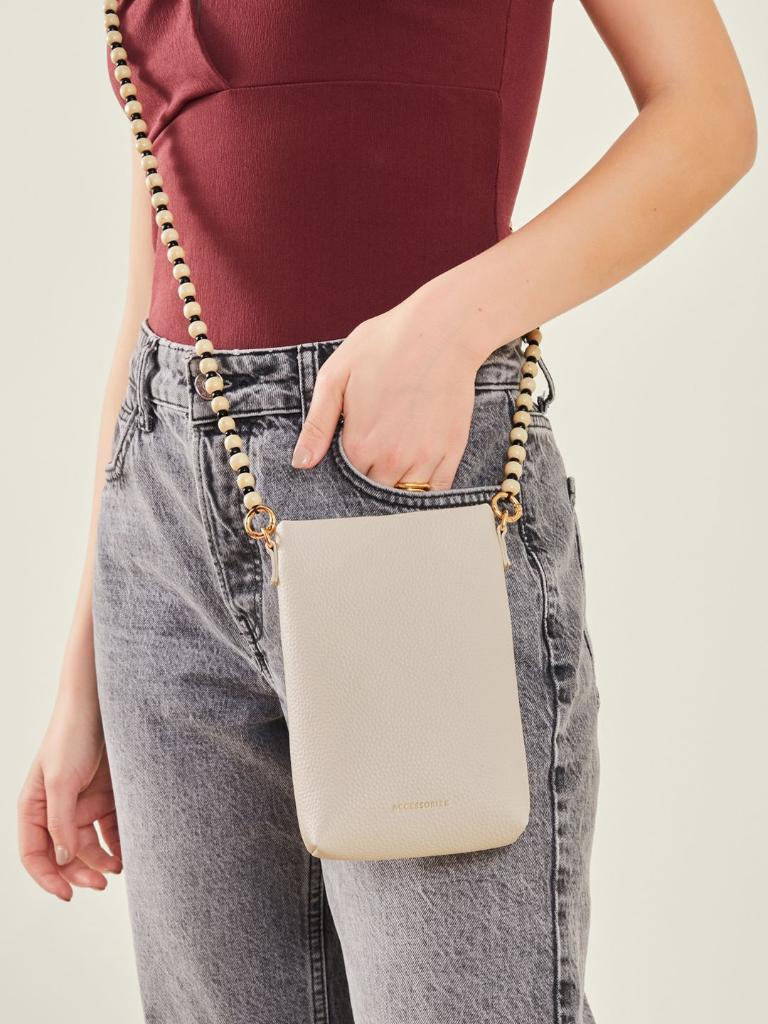 Accessorize Women Cream Beaded Strap Phone Bag