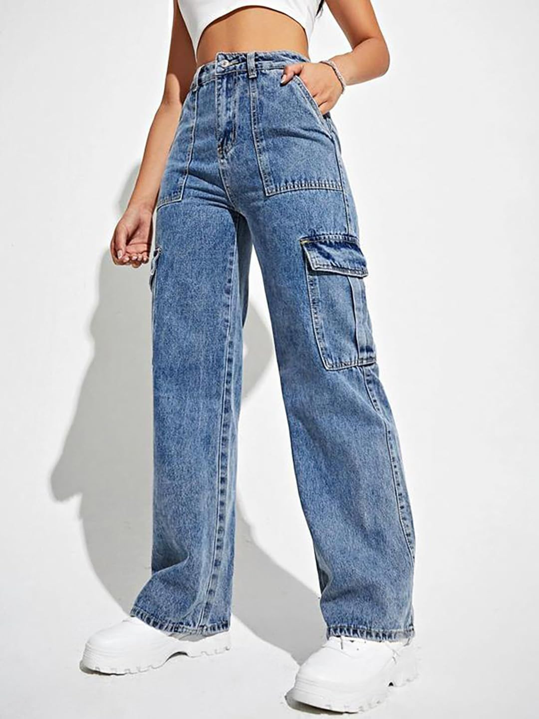 Glossia Nova Women Comfort Wide Leg High-Rise Light Fade Acid Wash Stretchable Cargo Jeans