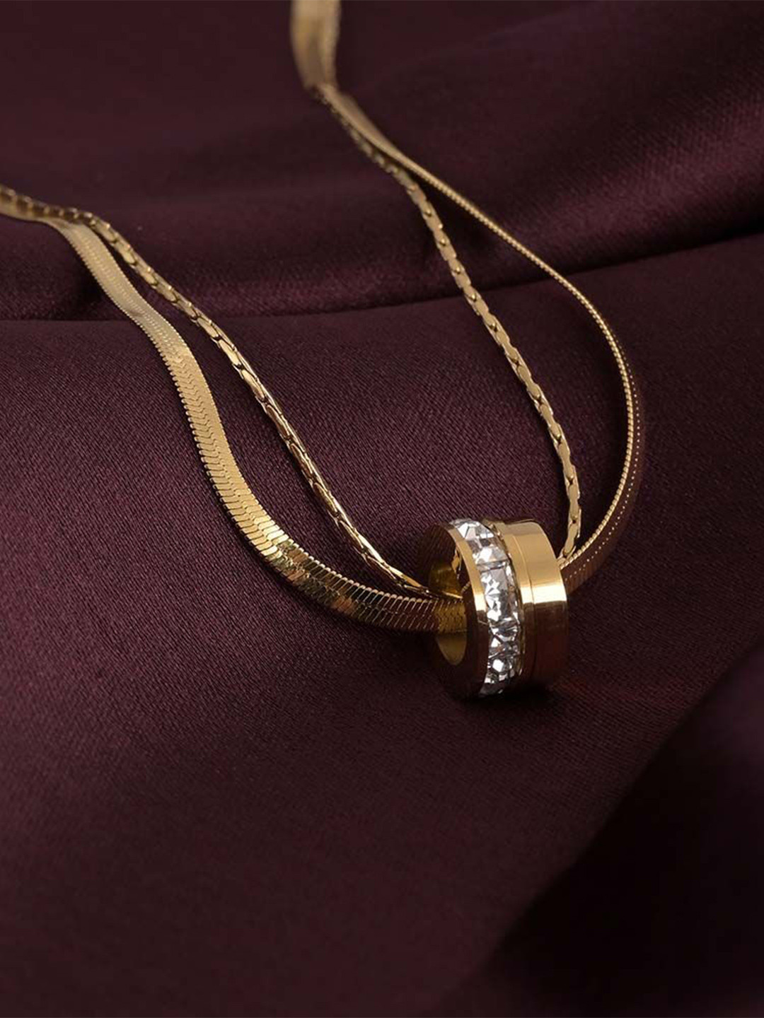 PALMONAS 18K Gold-Plated Stainless Steel CZ Studded Gilded Rings Layered Pendant Chain