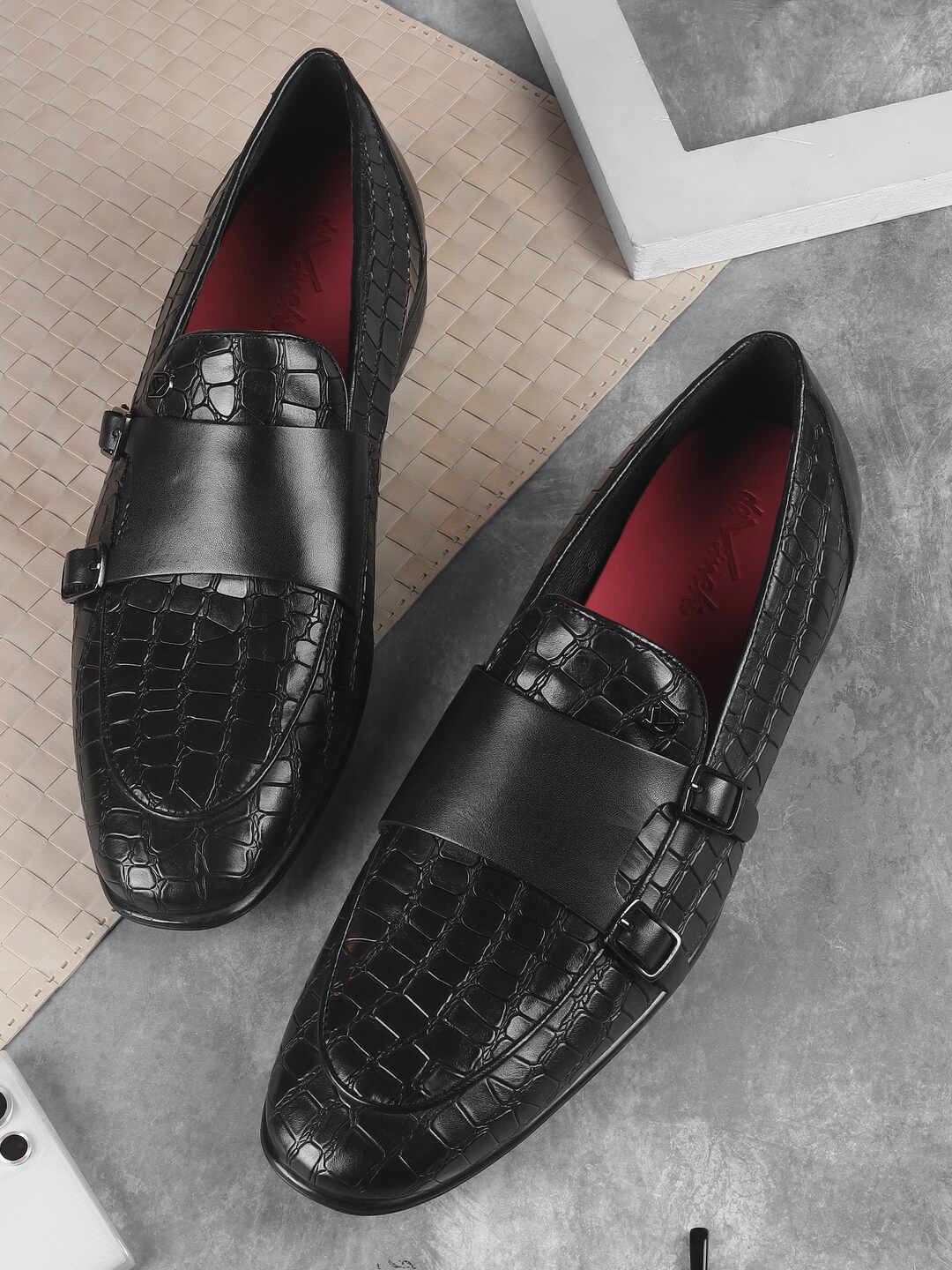 DAVINCHI Men Textured Leather Slip-On Monk Shoes