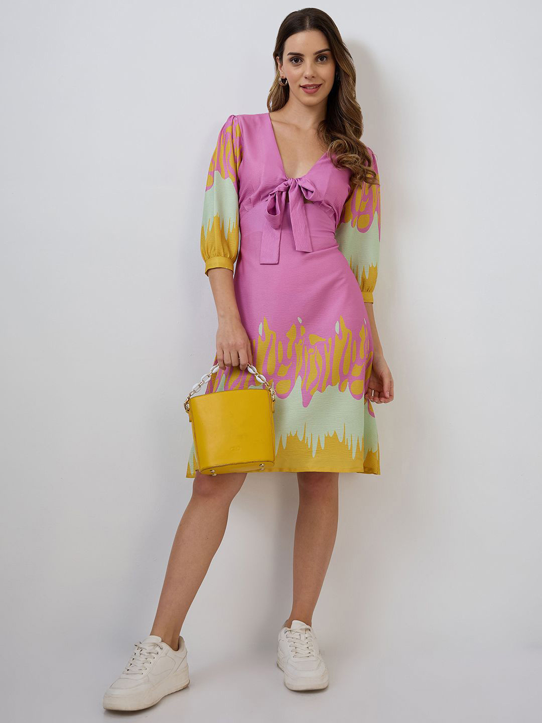 Amarasha Women Cuffed Sleeve Tie-Up Neck Fit & Flare Dress