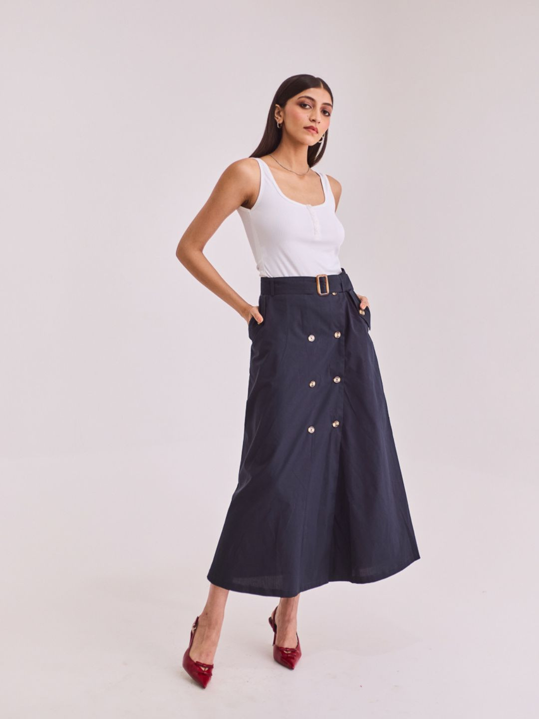 Urban Suburban Women Navy Blue A-line Midi Skirt