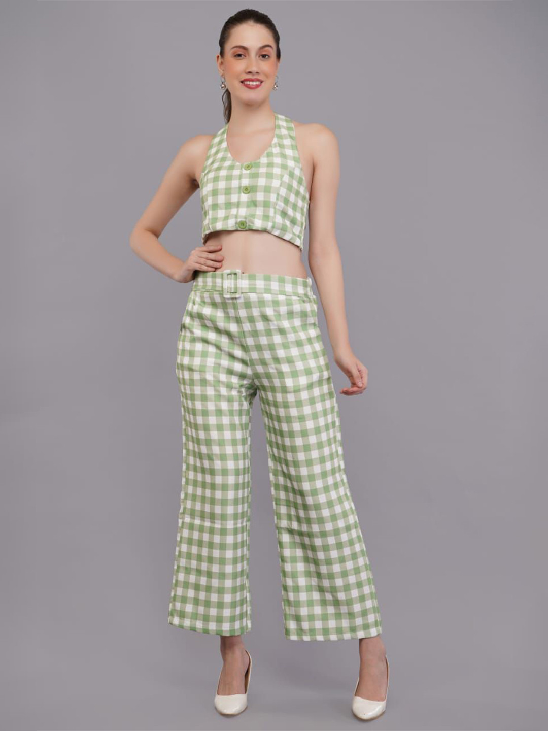 HIGH BUY Checked Halter Neck Top With Trousers