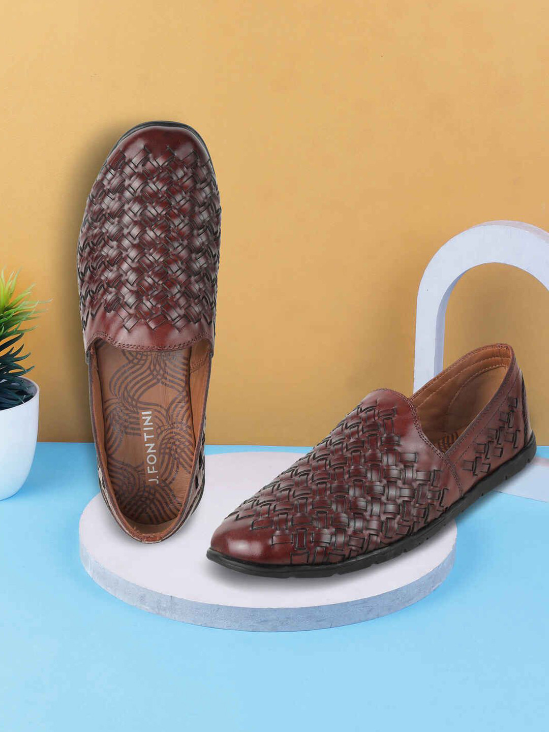 J.FONTINI Men Woven Design Leather Loafers