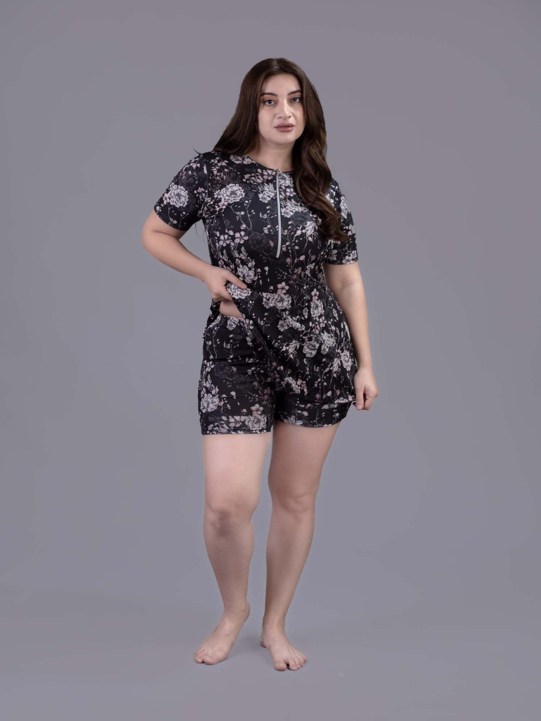 Keepfit Women Floral Printed Padded Plus Size Swimset With Zipper Top & Boyshorts