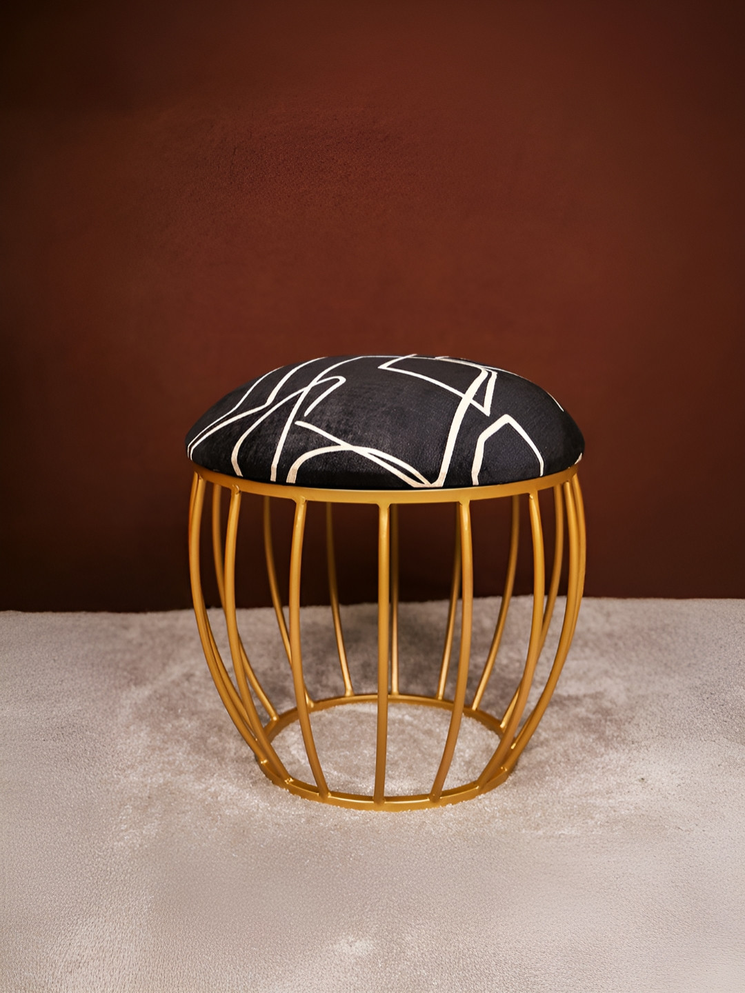 Decoghar Black & White Abstract Printed Round Shaped Metallic Stool