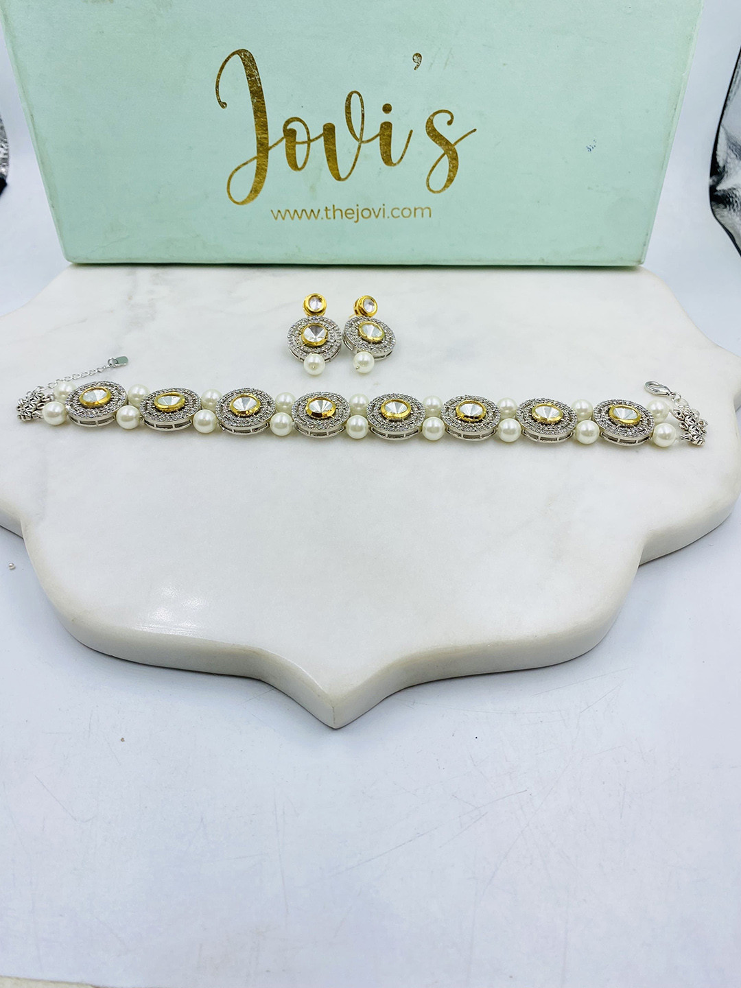 JOVI'S JEWELS Polki Kundan Studded & Pears Beaded Choker Jewellery Set