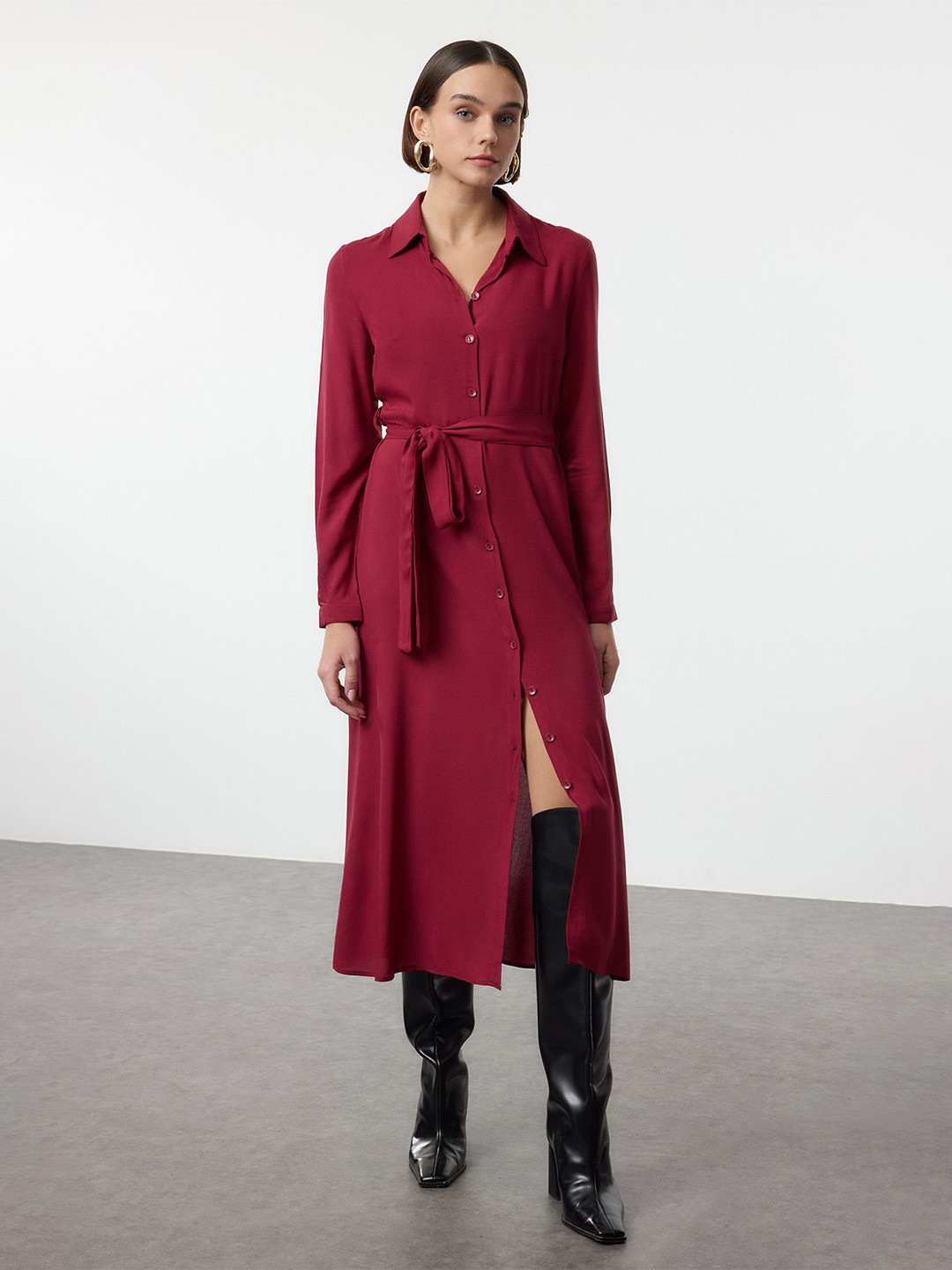 Trendyol Bordo Shirt Midi Dress