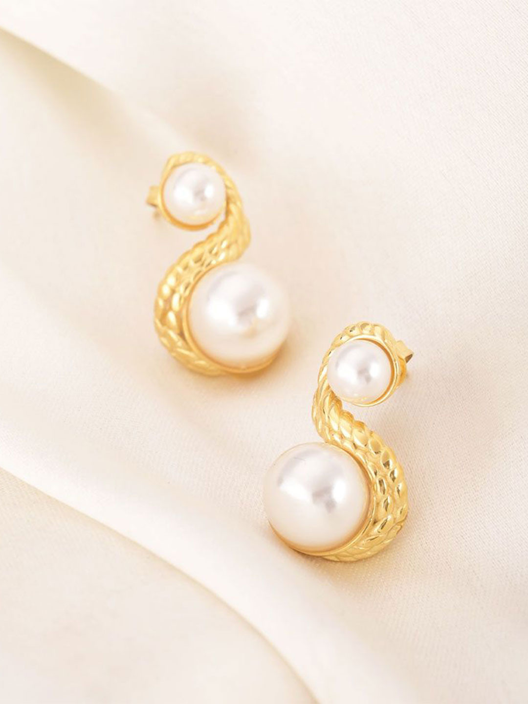 PALMONAS 18KT Gold Plated Stainless Steel Enchantress Pearls Studs Earrings