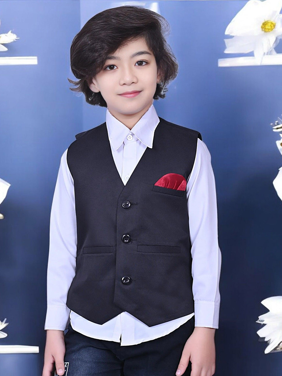 Eliq Boys V-Neck Party Wear Waistcoat With Shirt