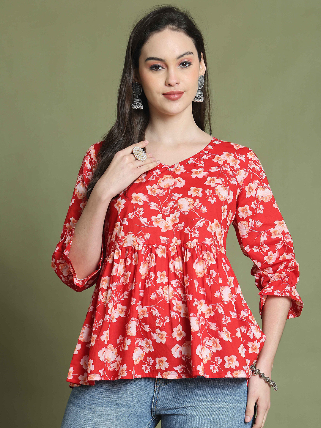 Roly Poly Women V-Neck Floral Printed Cotton Peplum Top