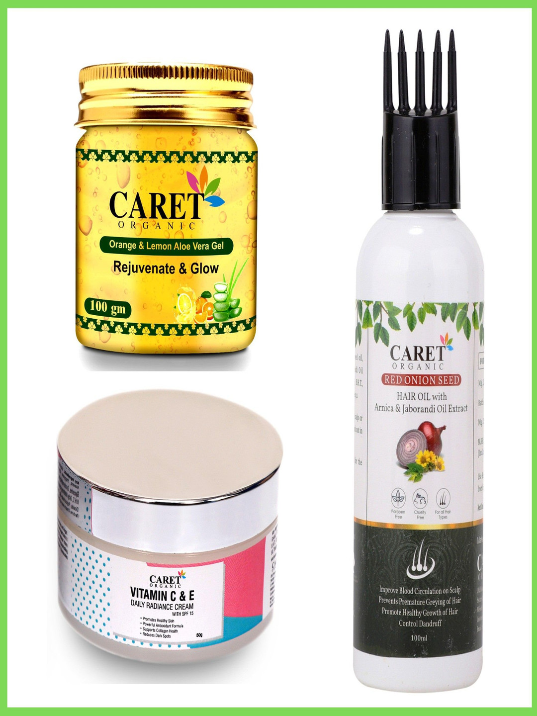 CARET ORGANIC Set Of 3 Orange & Lemon Gel-100 g, Vitamin C Cream - 50 g & Hair Oil -100 ml