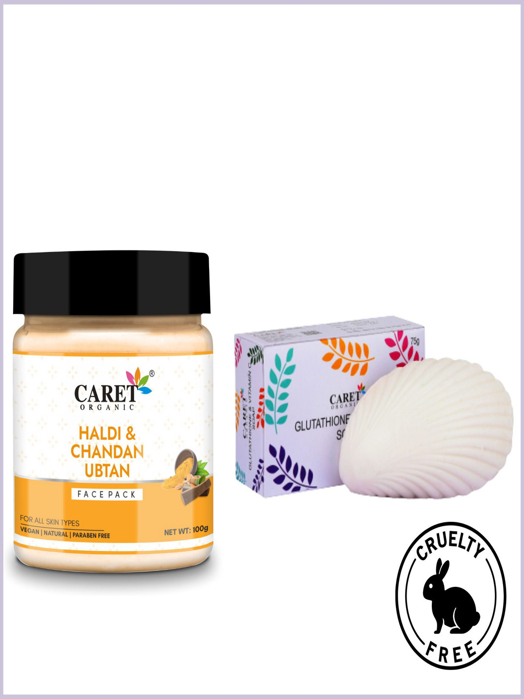CARET ORGANIC Set Of 2 Haldi, Chandan Face Pack - 100 g With Gluthathione Soap - 75 g