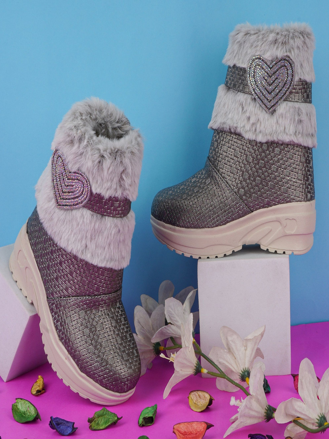 BAESD Girls Leather Embellished Faux Fur High Ankle Winter Boots