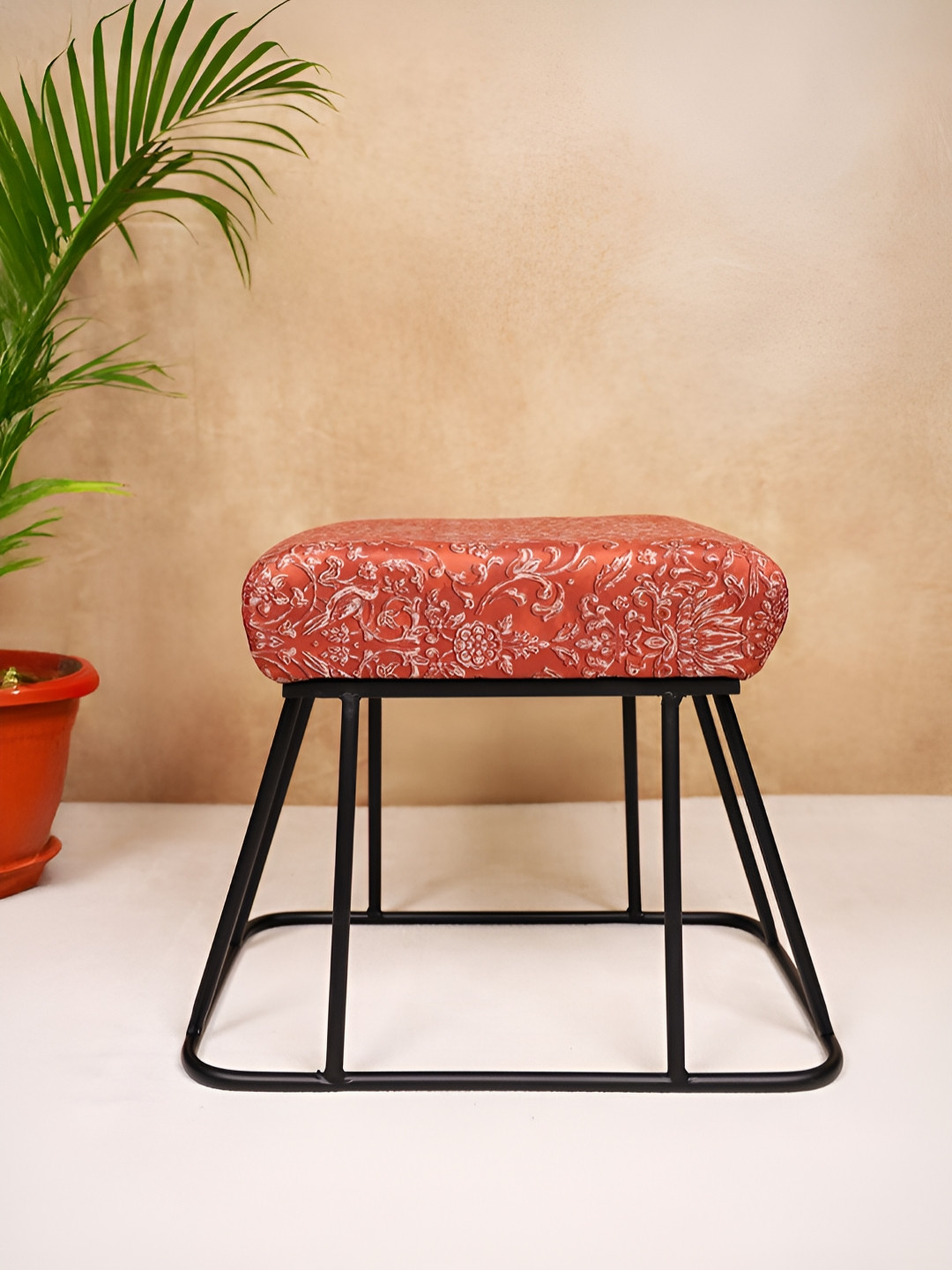 Decoghar Red & White Floral Printed Upholstered Square Shaped Metallic Stool