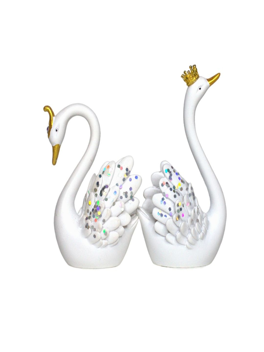 Wonderland Crown White Swan Couple White Resin Matte Living Room Set of 2 Small Showpieces - 3.5 Inches
