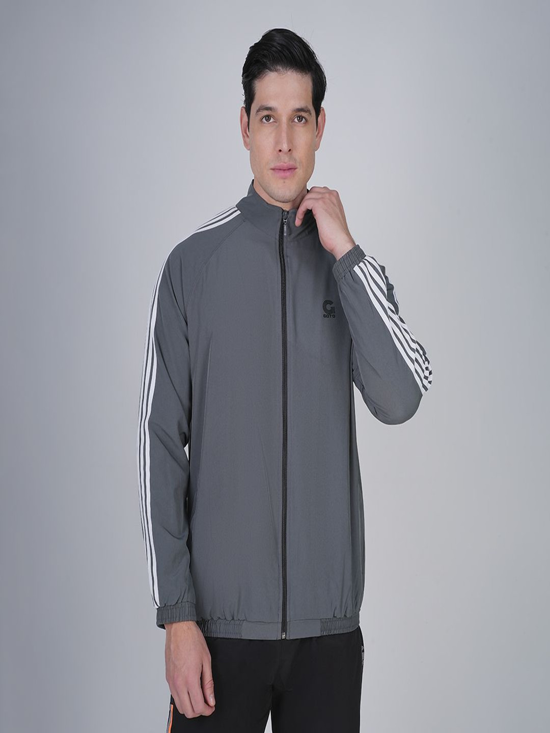GOTO Men Stand Collar Striped Casual Lightweight Bomber Jacket