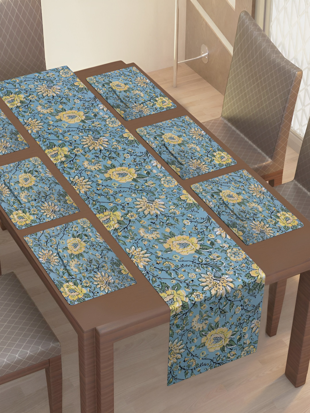 Texstylers Blue & Yellow 13 Pieces Floral Printed Cotton Canvas Table Linen Set