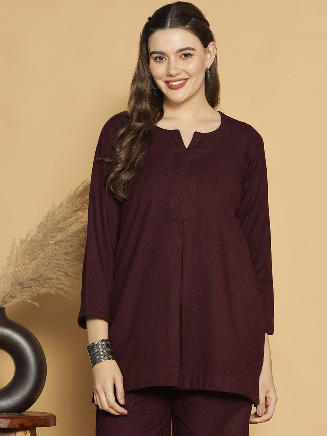 LetsDressUp  Women Round Neck Three-Quarter Sleeves Wine Acrylic Pleated Top