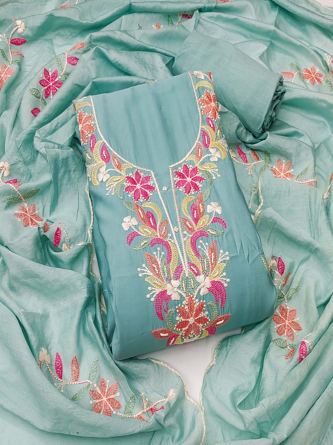 Maroosh Floral Embroidered Beads & Stones Roman Silk Unstitched Dress Material