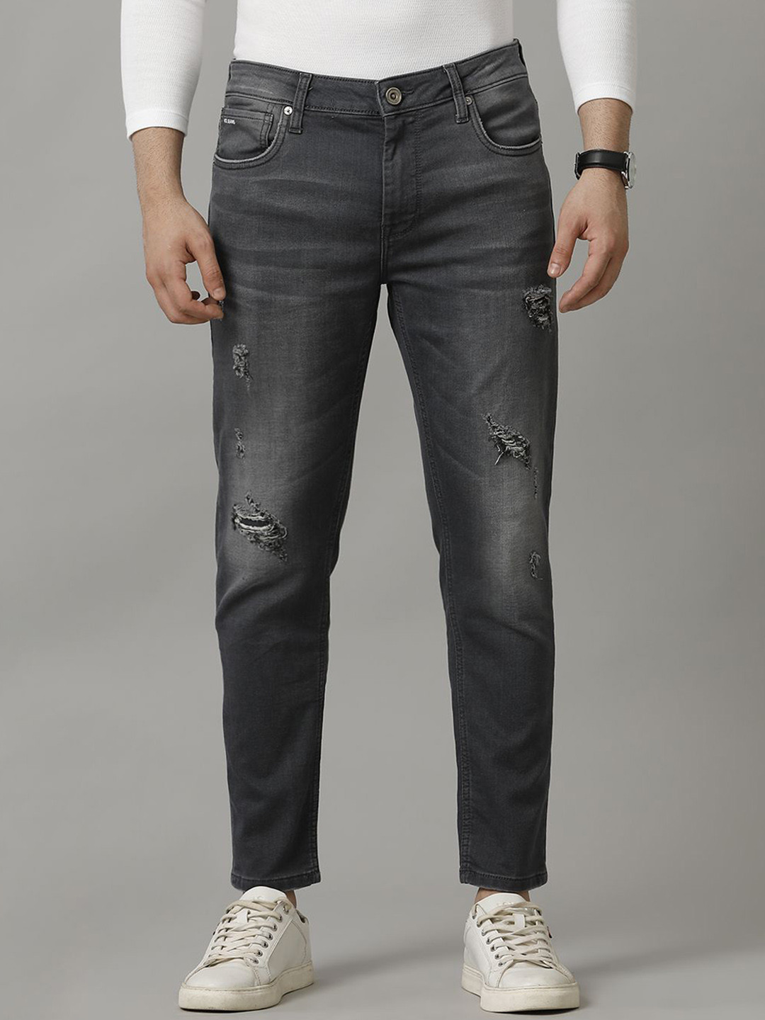 Voi Jeans Men Track Skinny Fit Low Distress Heavy Fade Stretchable Jeans