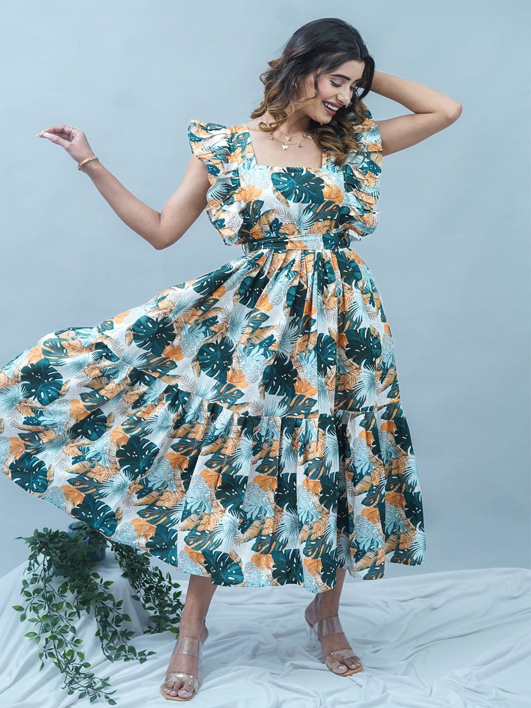 GO BOUJEE Women Floral Printed Flutter Sleeve Fit & Flare Midi Dress