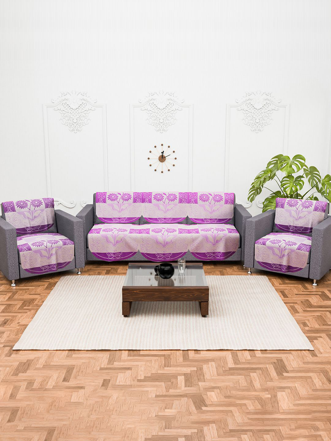 Kuber Industries Set of 10 Purple & Pink 5 Seater 3+1+1 Printed Cotton Sofa Cover