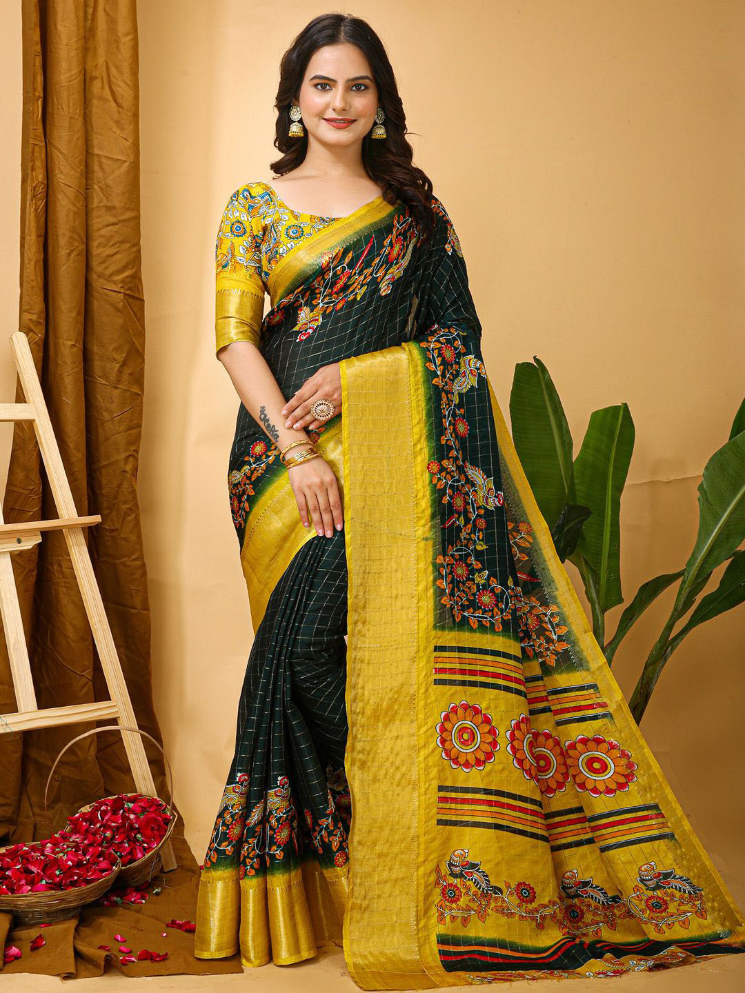 KALINI Woven Design Checked Zari Saree