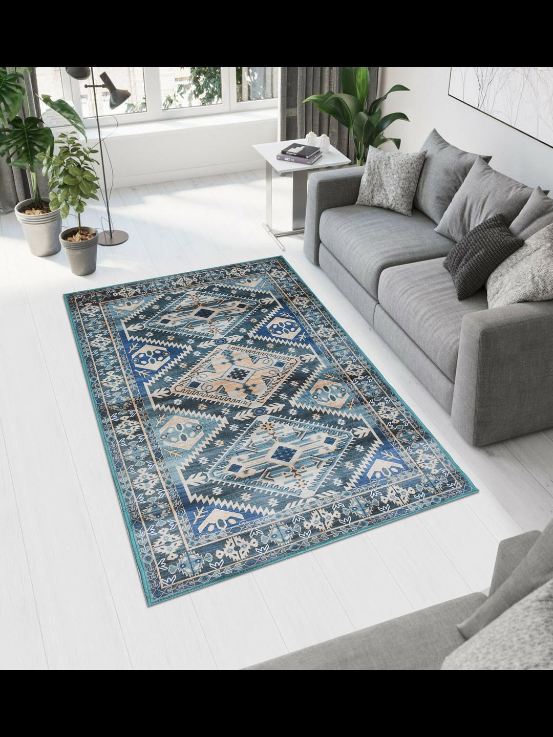 MAA HOME CONCEPT Blue Geometric Anti-Skid Woollen Carpet