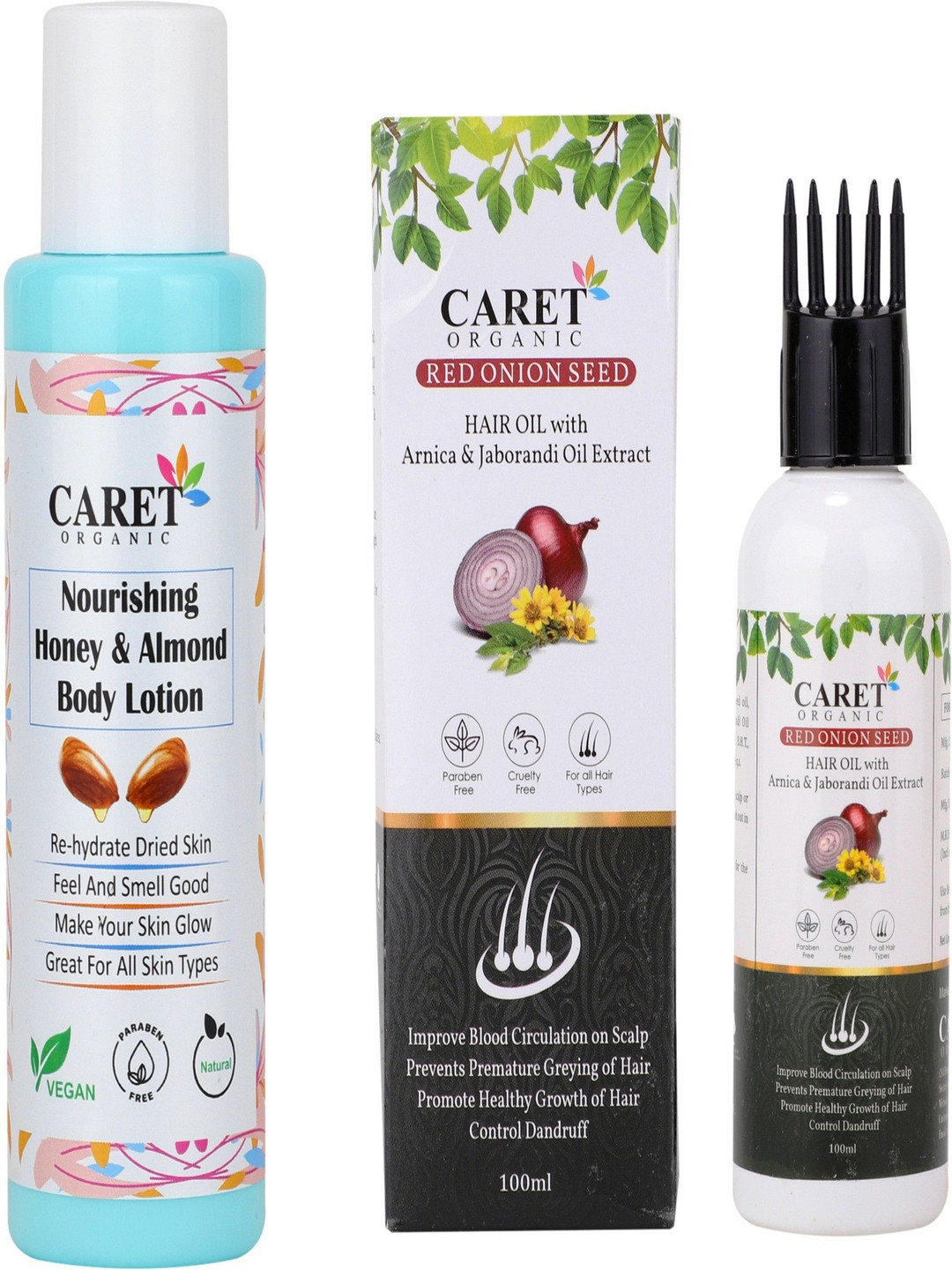 CARET ORGANIC Set Of 2 Honey & Almond Body Lotion & Onion Oil - 100 ml Each