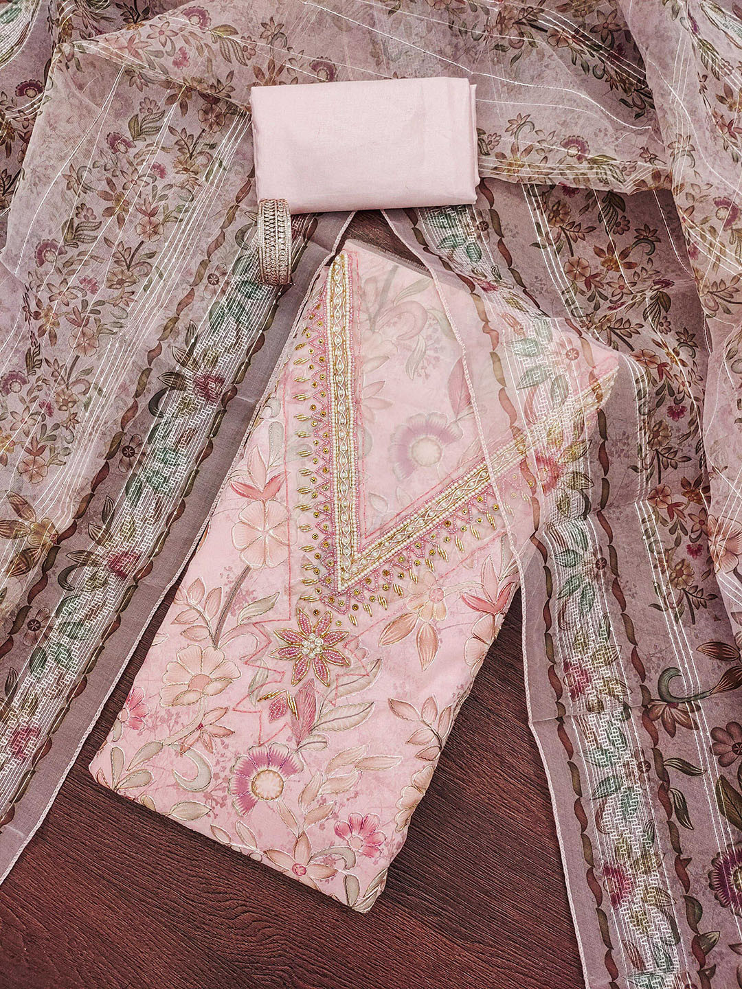 Maroosh Floral Printed V Neck Stones And Beads Work Organza Unstitched Dress Material