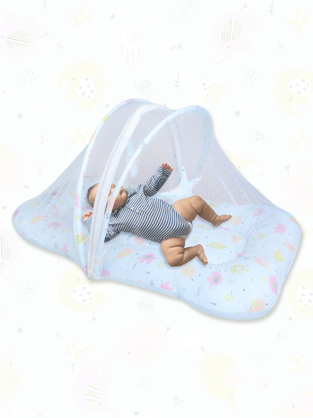 Polka Tots Blue & Yellow Elephant Printed Cotton Satin Mosquito Net Bed With Toy Dangling