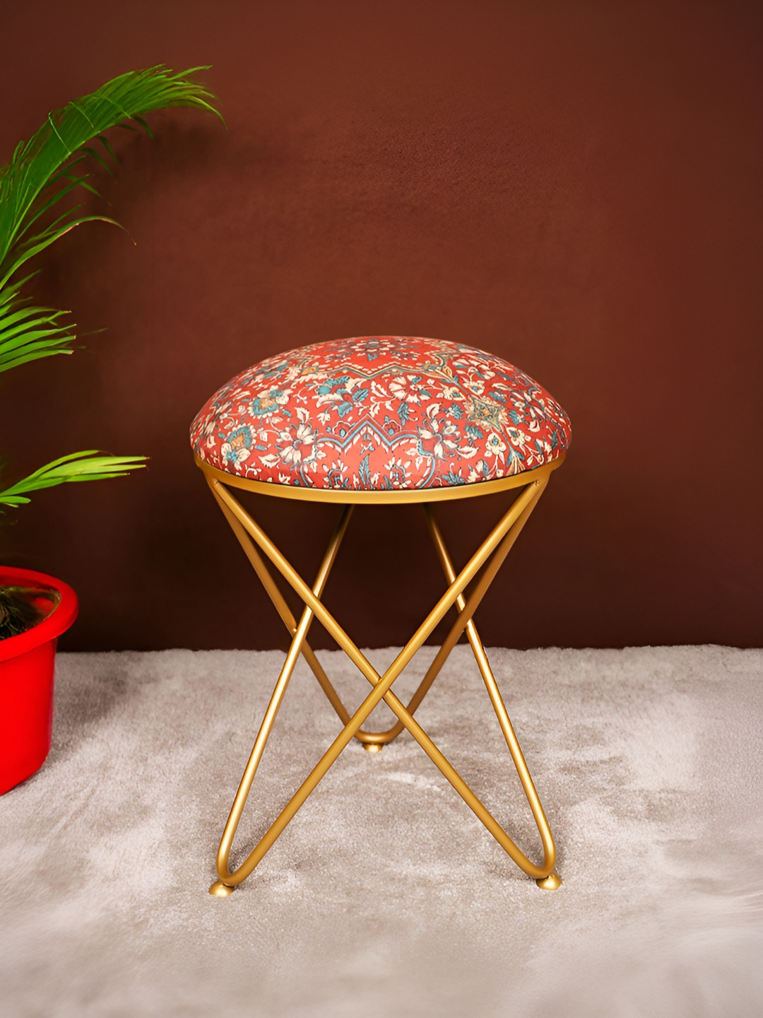 Decoghar Red & Blue Floral Printed Round Shaped Metallic Stool