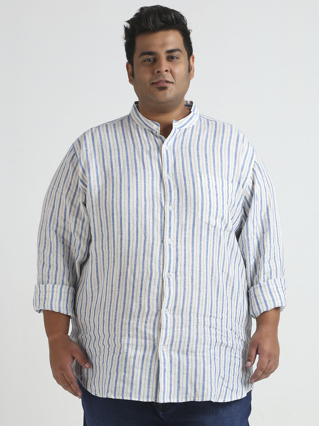Sizeupp Men Plus Size Mandarin Collar Regular Fit Yarn Dye Stripe Casual Shirt