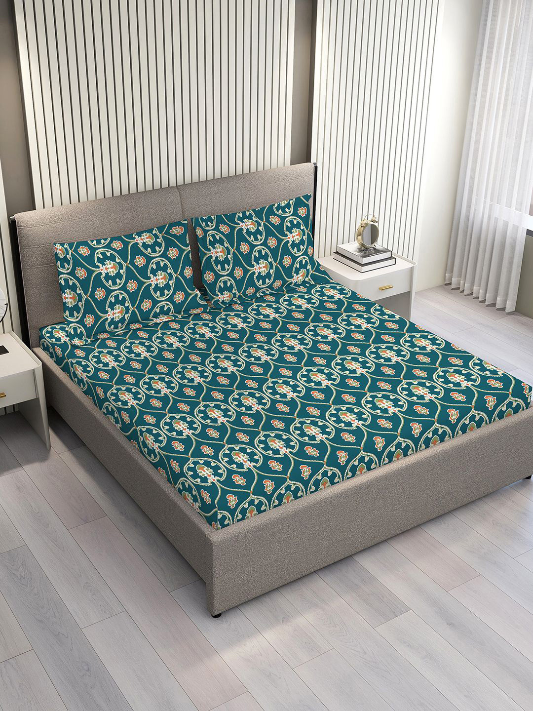 Layers Aria Blue Ethnic Print Double Bedsheet with 2 Pillow Covers