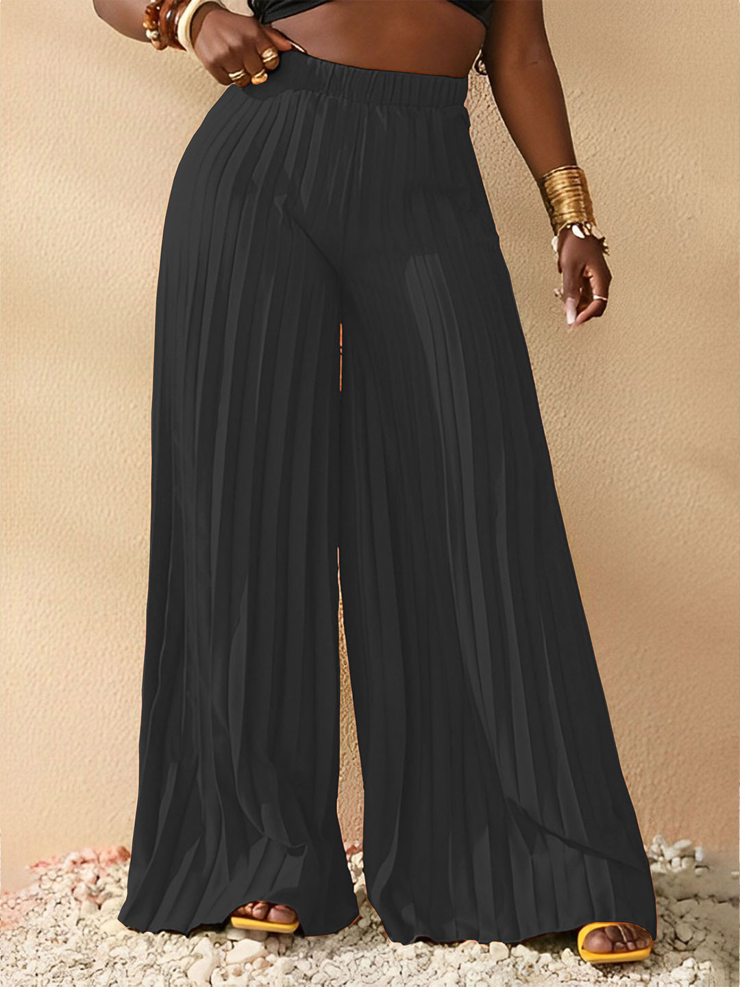 kintu parantu Women Self Design Knitted Wide Leg Plated Palazzos