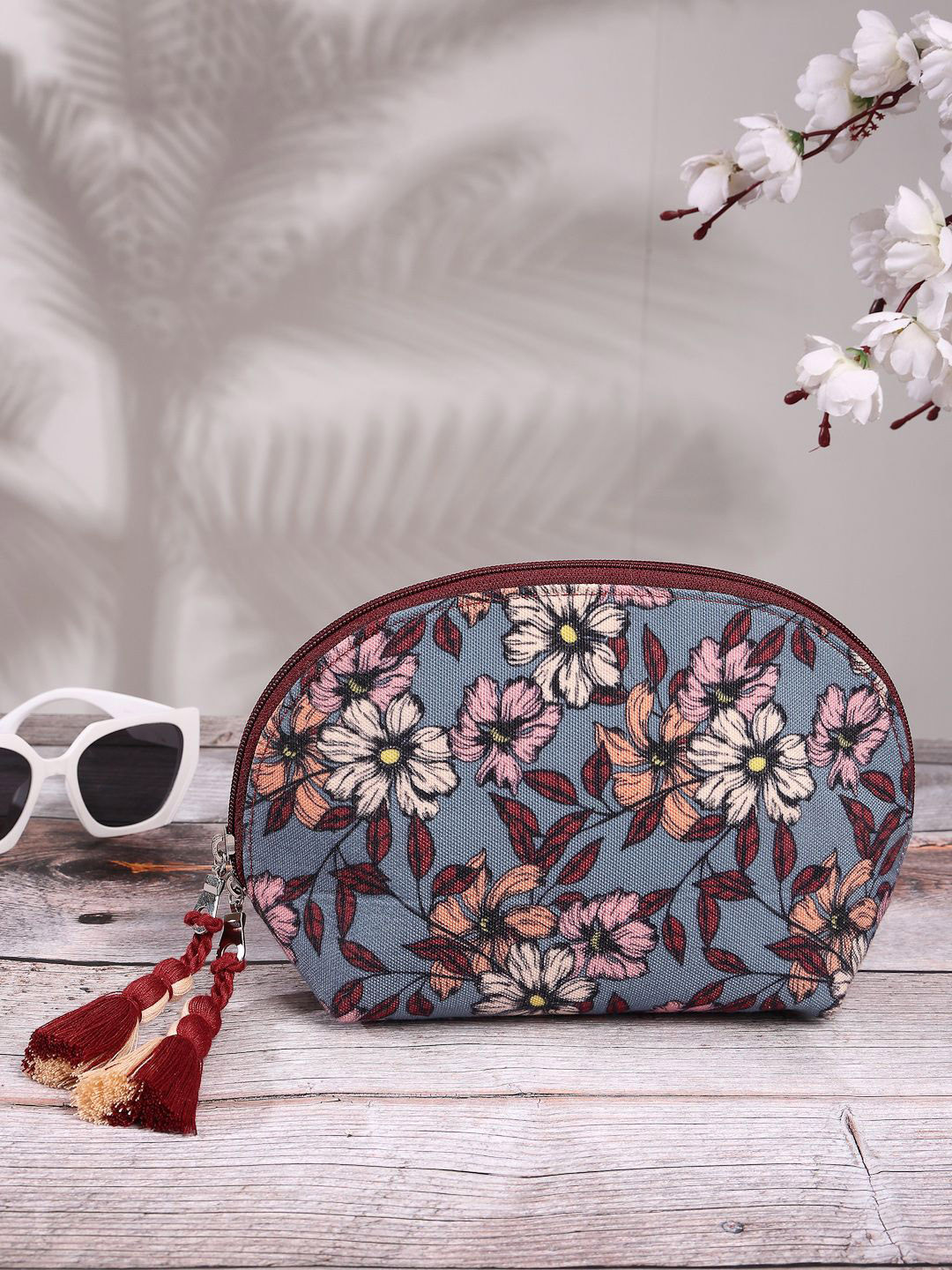 Anekaant Lush Pewter Wine & Multi Floral Digital Printed Polycotton Travel Pouch