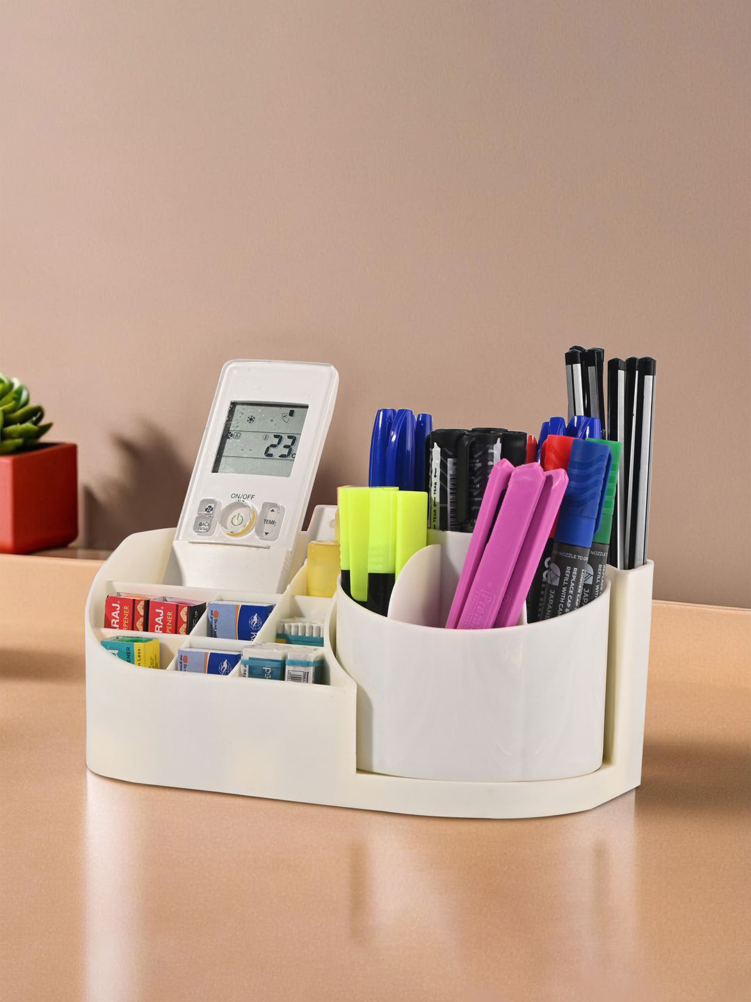 Kuber Industries Off White Pack of 1 Aesthetic 360 Rotating Stationery Desk Organisers