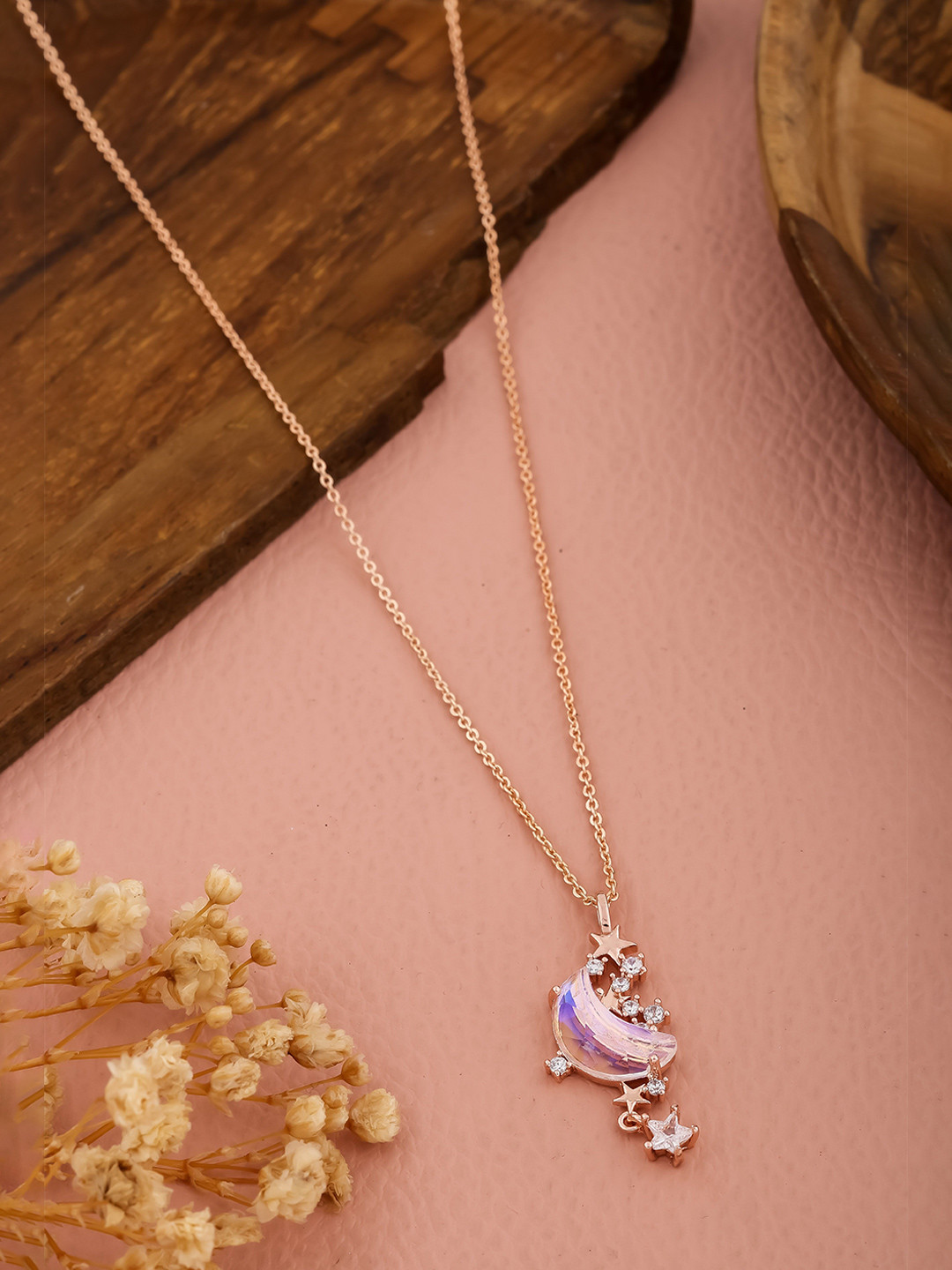 Wynona Rose Gold-Plated Rhinestone-Studded Moon & Star-Shaped Pendant With Chain