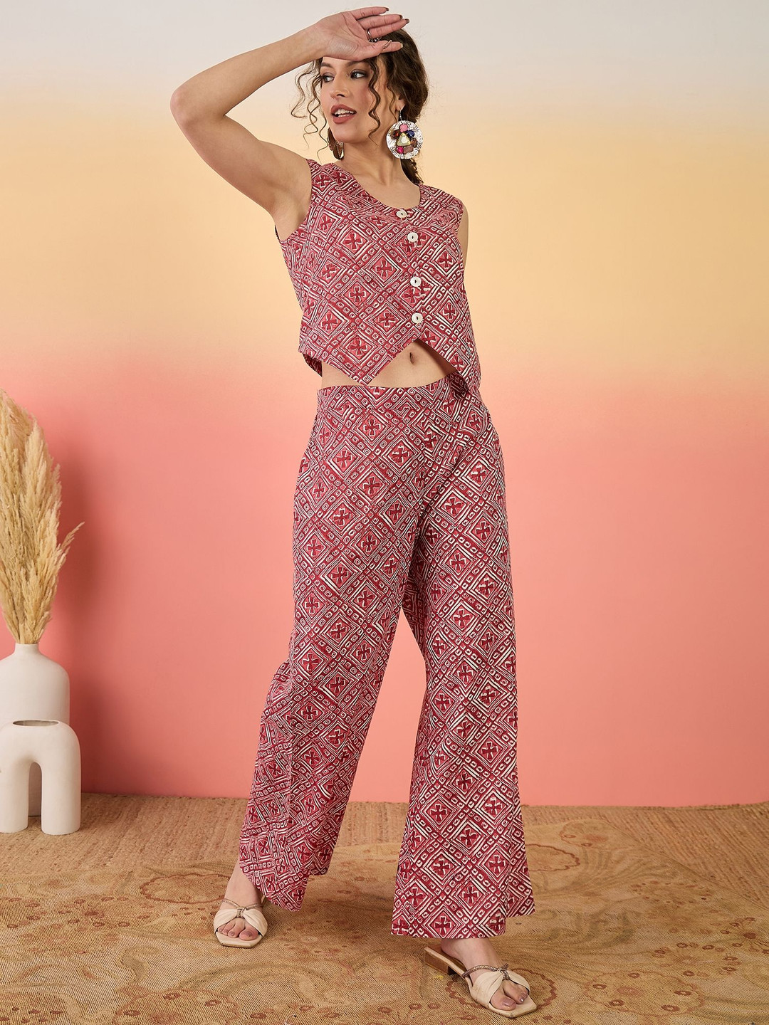Sangria Red And White Geometric Printed Pure Cotton V-Neck Top With Trousers